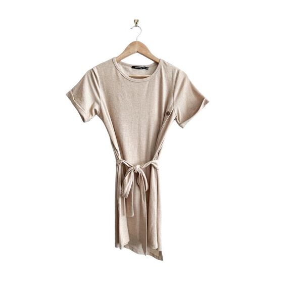Doe and Rae Dress T-Shirt Knit Beige Belted Button Detail Women's S Stretchy - Picture 1 of 9